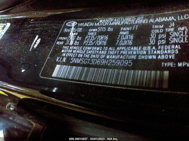 2009 HYUNDAI SANTA FE GLS VIN: 5NMSG13D69H259095