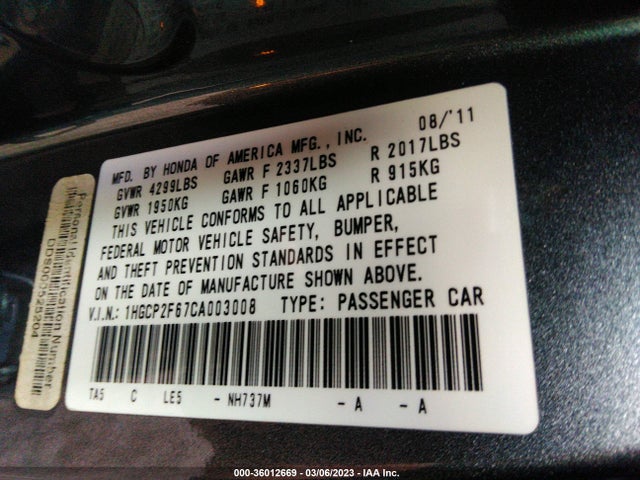 2012 HONDA ACCORD SDN SE VIN: 1HGCP2F67CA003008
