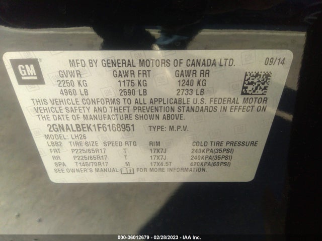 Chevrolet EQUINOX LT 2015 2GNALBEK1F6168951 Image 10