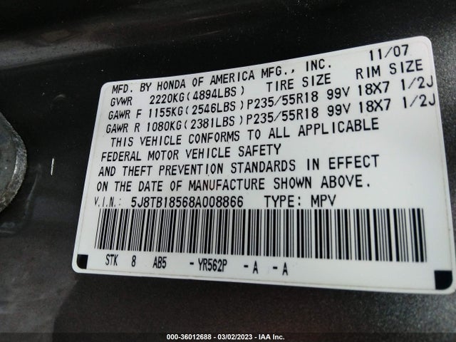 36012688 :رقم المزاد ، 5J8TB18568A008866 vin ، 2008 Acura Rdx Tech Pkg مزاد بيع