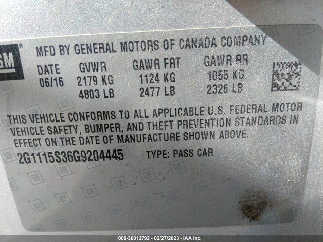 2016 CHEVROLET IMPALA LT VIN: 2G1115S36G9204445