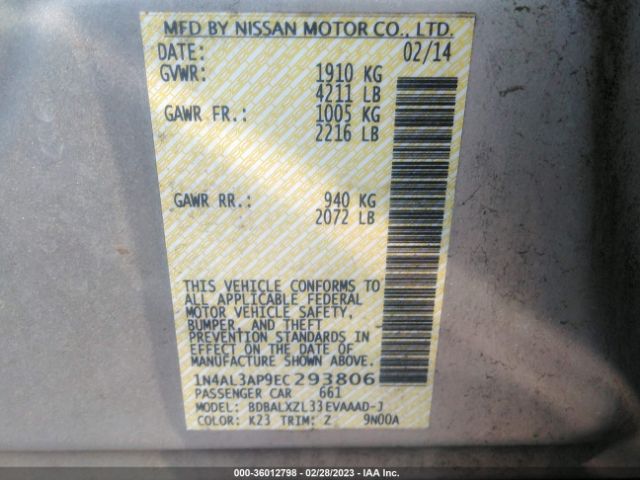 1N4AL3AP9EC293806 Nissan Altima 2.5 Sl
