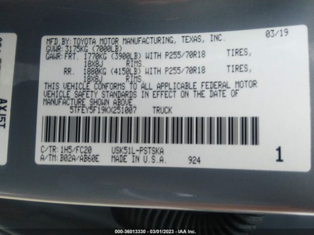 2019 TOYOTA TUNDRA 2WD 5TFEY5F19KX251007 Photo 8