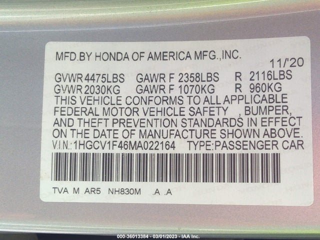 2021 Honda Accord, VIN: 1HGCV1F46MA022164