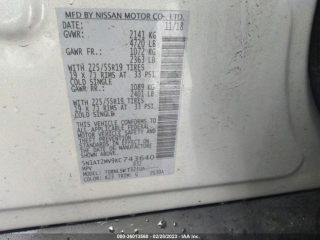 5N1AT2MV9KC743640 Nissan Rogue Sl