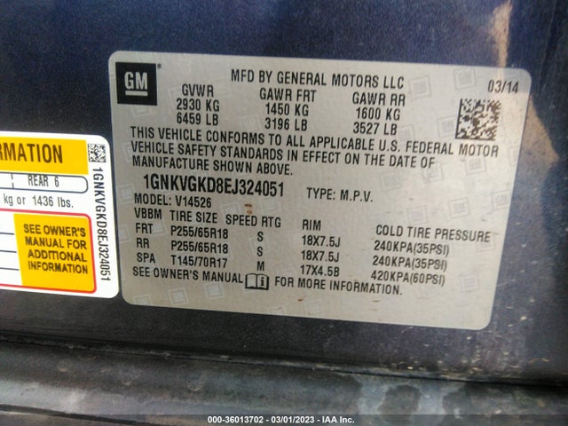 Chevrolet Traverse Lt 2014 1GNKVGKD8EJ324051 Image 10