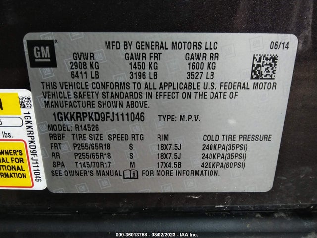2015 GMC ACADIA SLE VIN: 1GKKRPKD9FJ111046