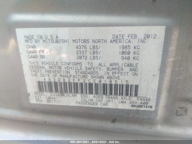 2012 MITSUBISHI GALANT FE VIN: 4A32B2FF2CE018515
