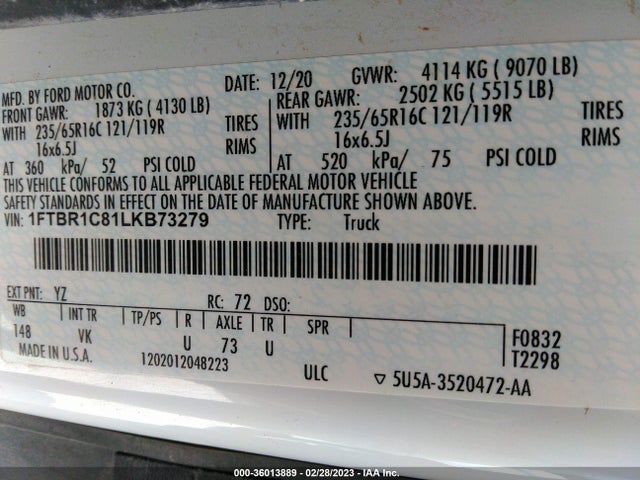2020 Ford Transit, VIN: 1FTBR1C81LKB73279