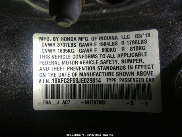 2018 Honda Civic, VIN: 19XFC2F59JE029814