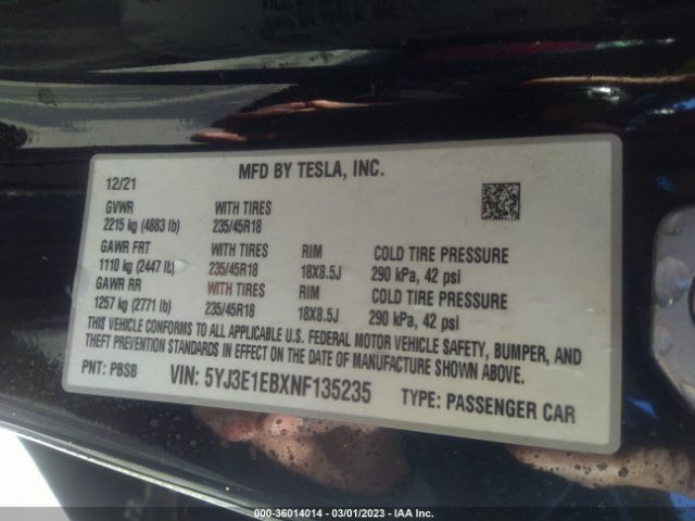 5YJ3E1EBXNF135235 Tesla Model 3 Long Range