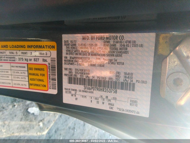 Ford FUSION SE 2017 3FA6P0T90HR353758 Image 9