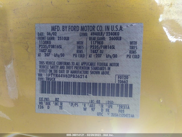 2002 FORD RANGER XL FLEET VIN: 1FTYR44V62PB36214