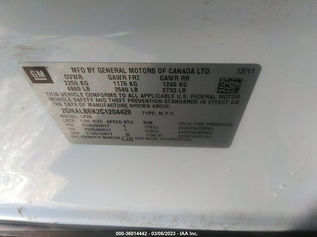 2012 CHEVROLET EQUINOX LS VIN: 2GNALBEK2C1204428