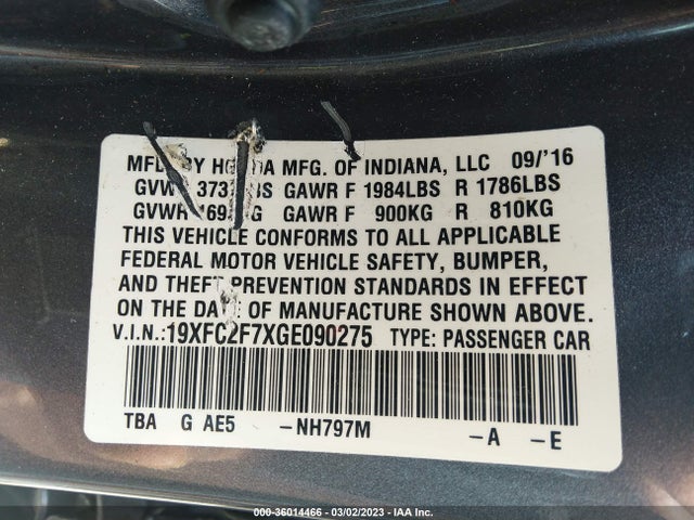 Honda Civic Sedan Ex 2016 19XFC2F7XGE090275 Image 9