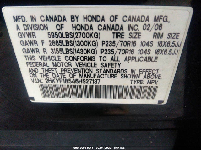 2006 HONDA PILOT EX-L VIN: 2HKYF18546H527137