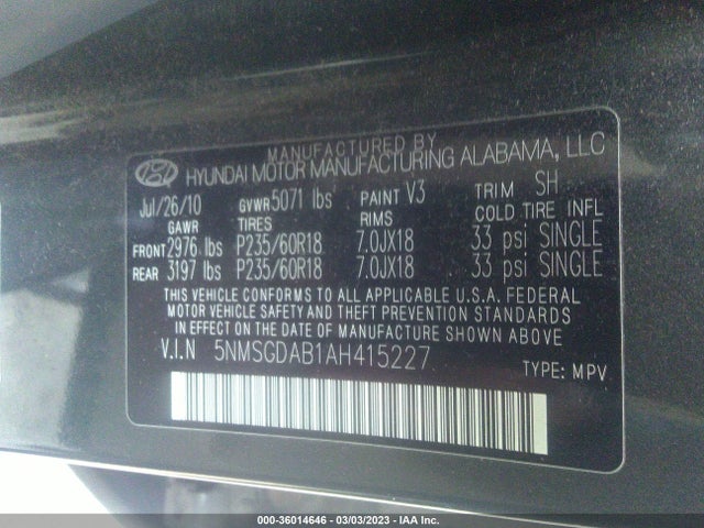 2010 HYUNDAI SANTA FE GLS VIN: 5NMSGDAB1AH415227