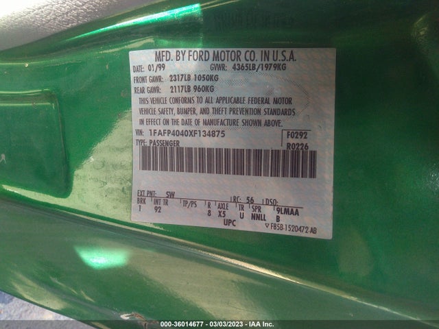 1999 FORD MUSTANG VIN: 1FAFP4040XF134875