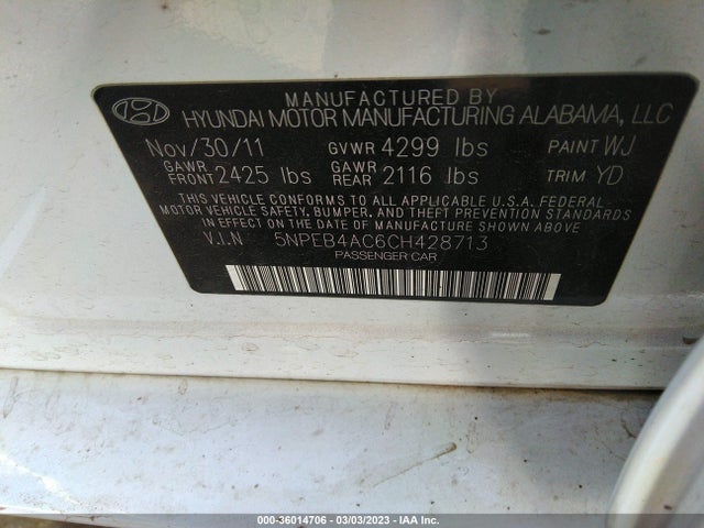 2012 HYUNDAI SONATA GLS VIN: 5NPEB4AC6CH428713