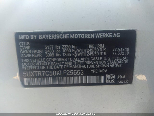 2019 BMW X3 SDRIVE30I VIN: 5UXTR7C58KLF25653