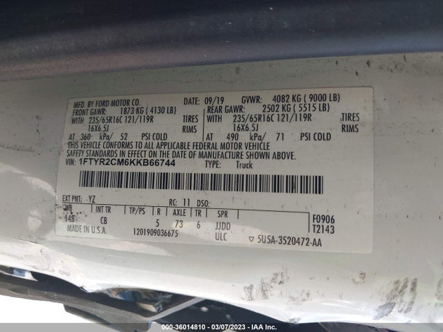 Ford TRANSIT VAN 2019 1FTYR2CM6KKB66744 Image 9