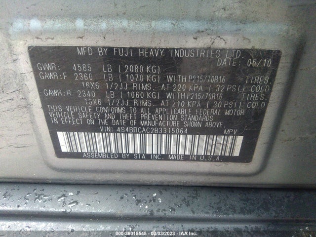 2011 SUBARU OUTBACK 2.5I VIN: 4S4BRCAC2B3315064