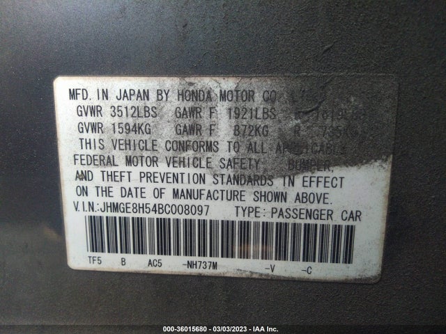 2011 HONDA FIT SPORT VIN: JHMGE8H54BC008097