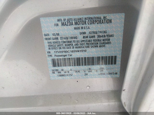 2008 MAZDA MAZDA6 I SPORT VE VIN: 1YVHP80C185M41510