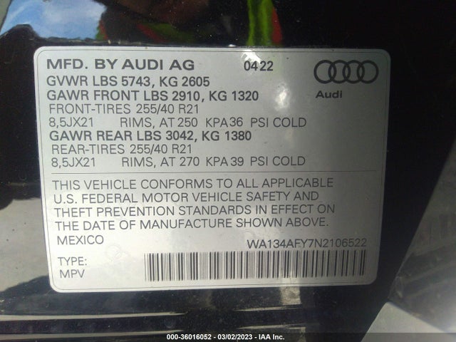 2022 AUDI SQ5 SPORTBACK PRESTIGE VIN: WA134AFY7N2106522