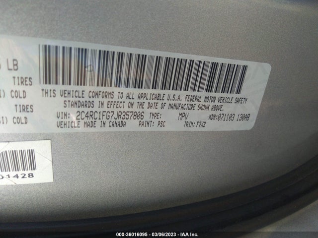 2018 Chrysler Pacifica Touring Plus მანქანა იყიდება აუქციონზე, vin: 2C4RC1FG7JR357806, აუქციონის ნომერი: 36016095