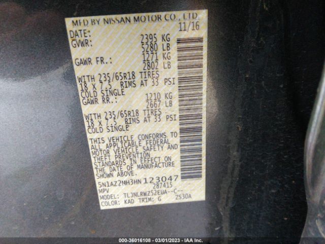 5N1AZ2MH3HN123047 Nissan MURANO SL