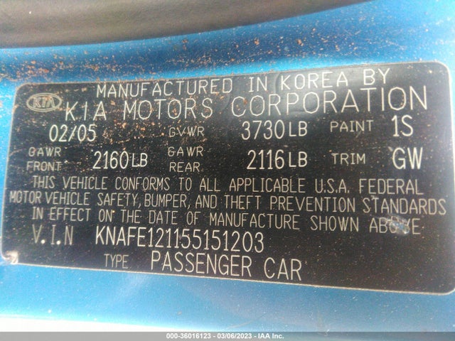 2005 KIA SPECTRA LX/EX/SX VIN: KNAFE121155151203