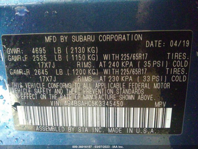 4S4BSAHC5K3345450 Subaru Outback Premium