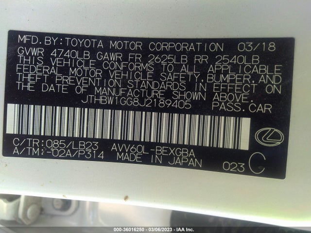2018 Lexus ES, VIN: JTHBW1GG8J2189405