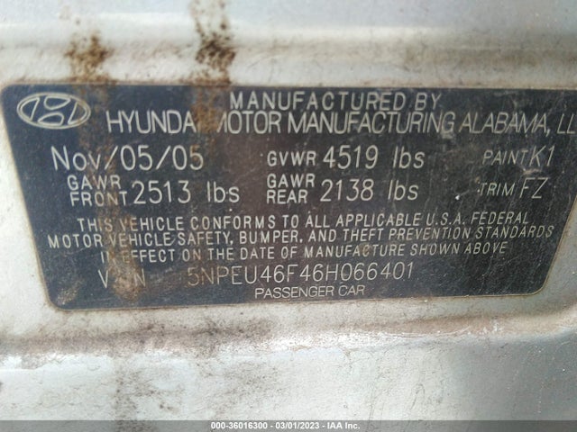 2006 HYUNDAI SONATA GLS/LX VIN: 5NPEU46F46H066401