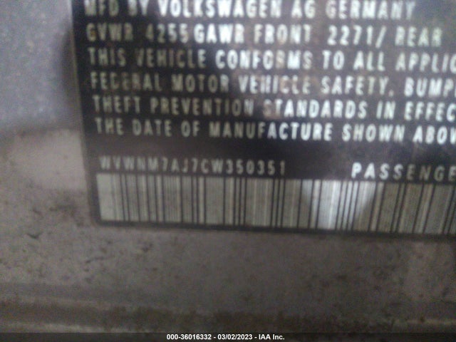 2012 VOLKSWAGEN GOLF TDI VIN: WVWNM7AJ7CW350351