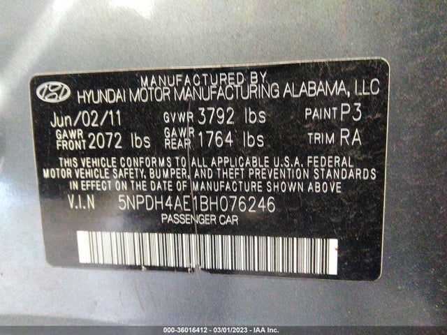 2011 HYUNDAI ELANTRA LTD PZEV VIN: 5NPDH4AE1BH076246
