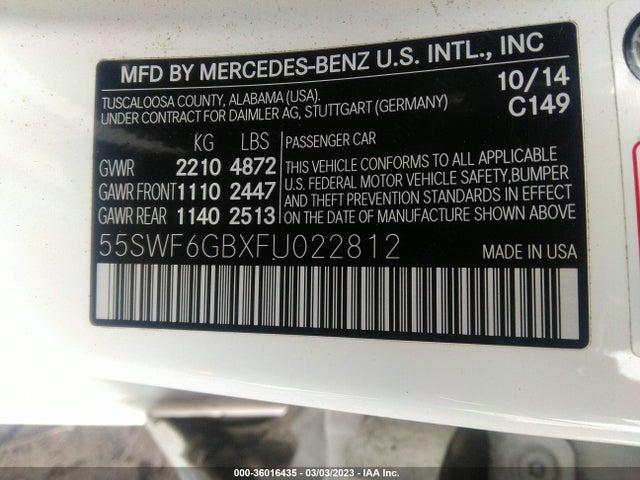 2015 MERCEDES-BENZ C-CLASS C 400 VIN: 55SWF6GBXFU022812