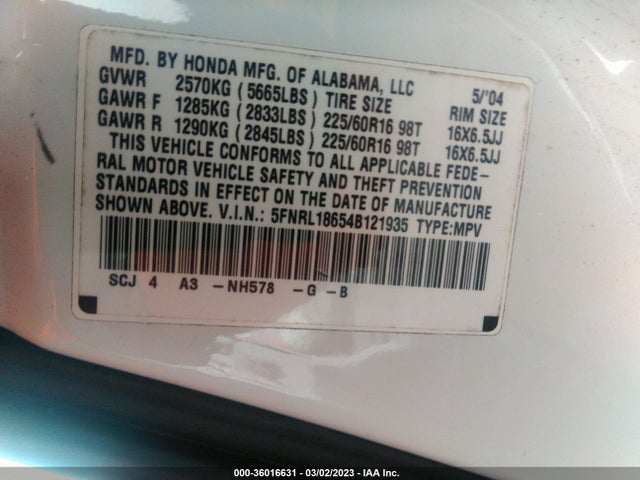 2004 HONDA ODYSSEY EX VIN: 5FNRL18654B121935