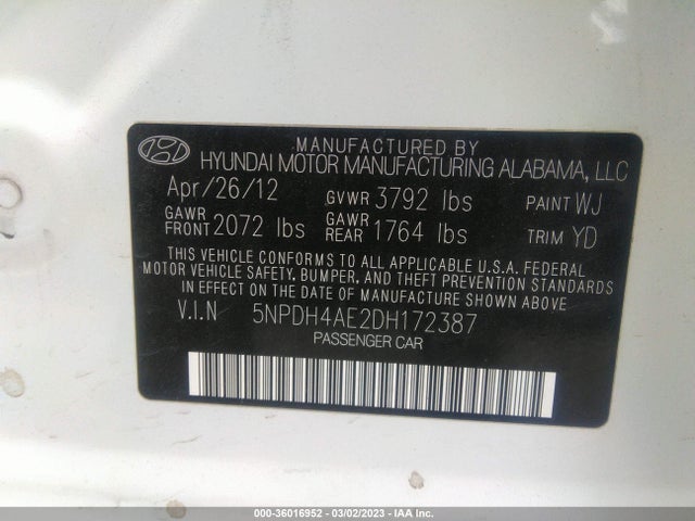 2013 HYUNDAI ELANTRA LIMITED VIN: 5NPDH4AE2DH172387