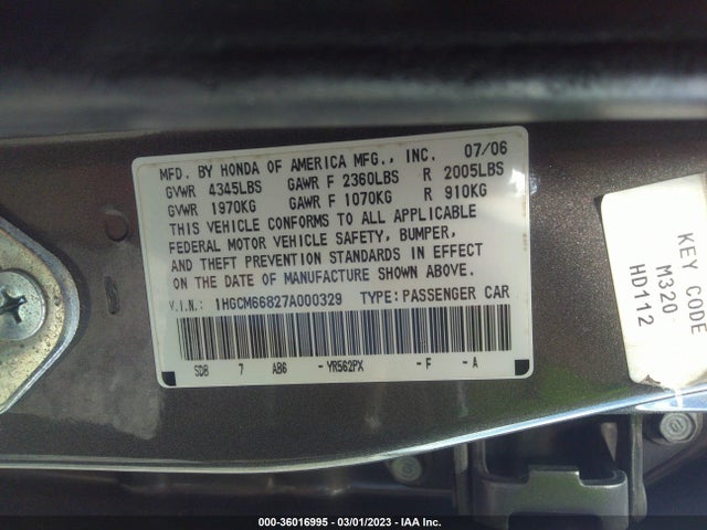 2007 HONDA ACCORD SDN EX-L VIN: 1HGCM66827A000329