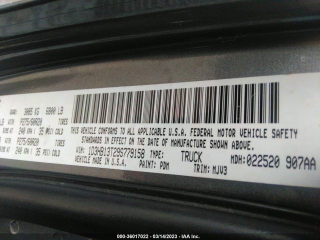 2009 DODGE RAM 1500 SLT VIN: 1D3HB13T29S779158