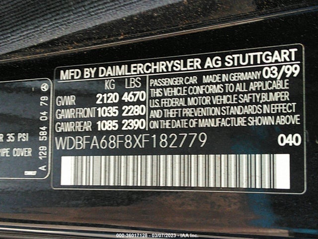1999 MERCEDES-BENZ SL CLASS VIN: WDBFA68F8XF182779