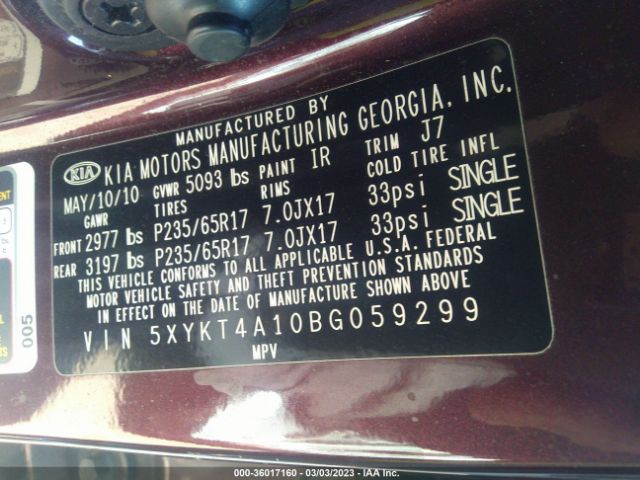 5XYKT4A10BG059299 KIA SORENTO LX