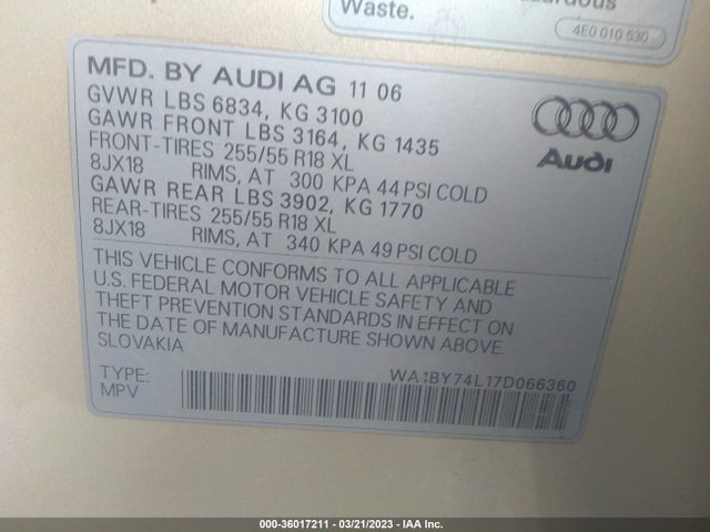 Audi Q7 PREMIUM 2007 WA1BY74L17D066360 Image 10
