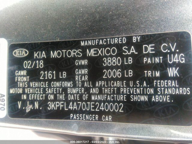 3KPFL4A70JE240002 KIA FORTE S