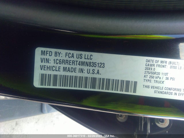 2021 RAM 1500 LARAMIE VIN: 1C6RRERT4MN835123