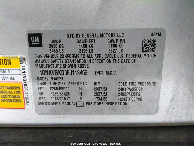 Chevrolet Traverse Lt 2015 1GNKVGKD0FJ118465 Image 9