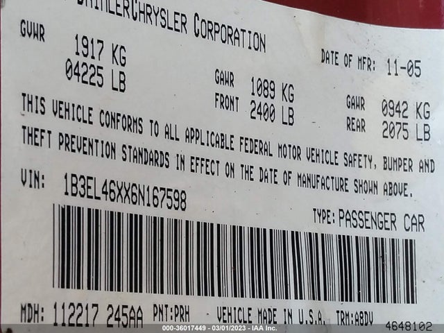 Dodge Stratus Sdn Sxt 2006 1B3EL46XX6N167598 Image 10
