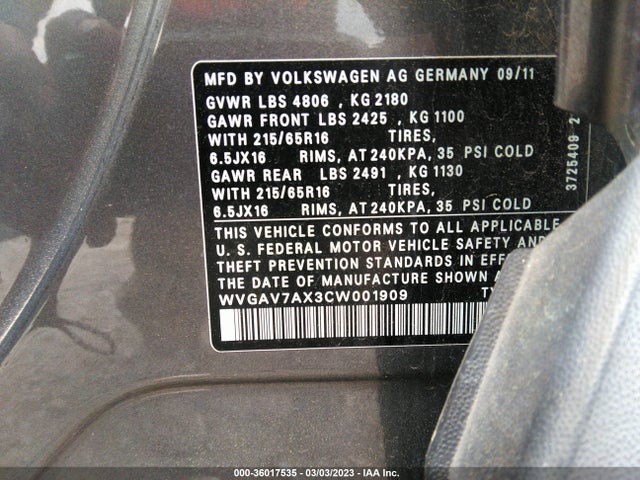 2012 VOLKSWAGEN TIGUAN S VIN: WVGAV7AX3CW001909